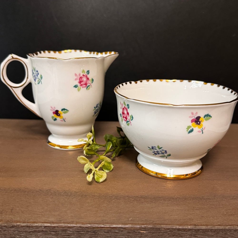 Vintage Royal Stafford Rose Pansy Forget Me Not Bone China Creamer & Sugar set